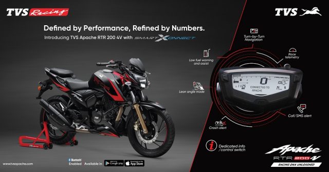 TVS Apache RTR 200 4V gets Bluetooth enabled SmartXonnect technology TVS Apache RTR 200 4V SmartXonnect Motorcyclediaries